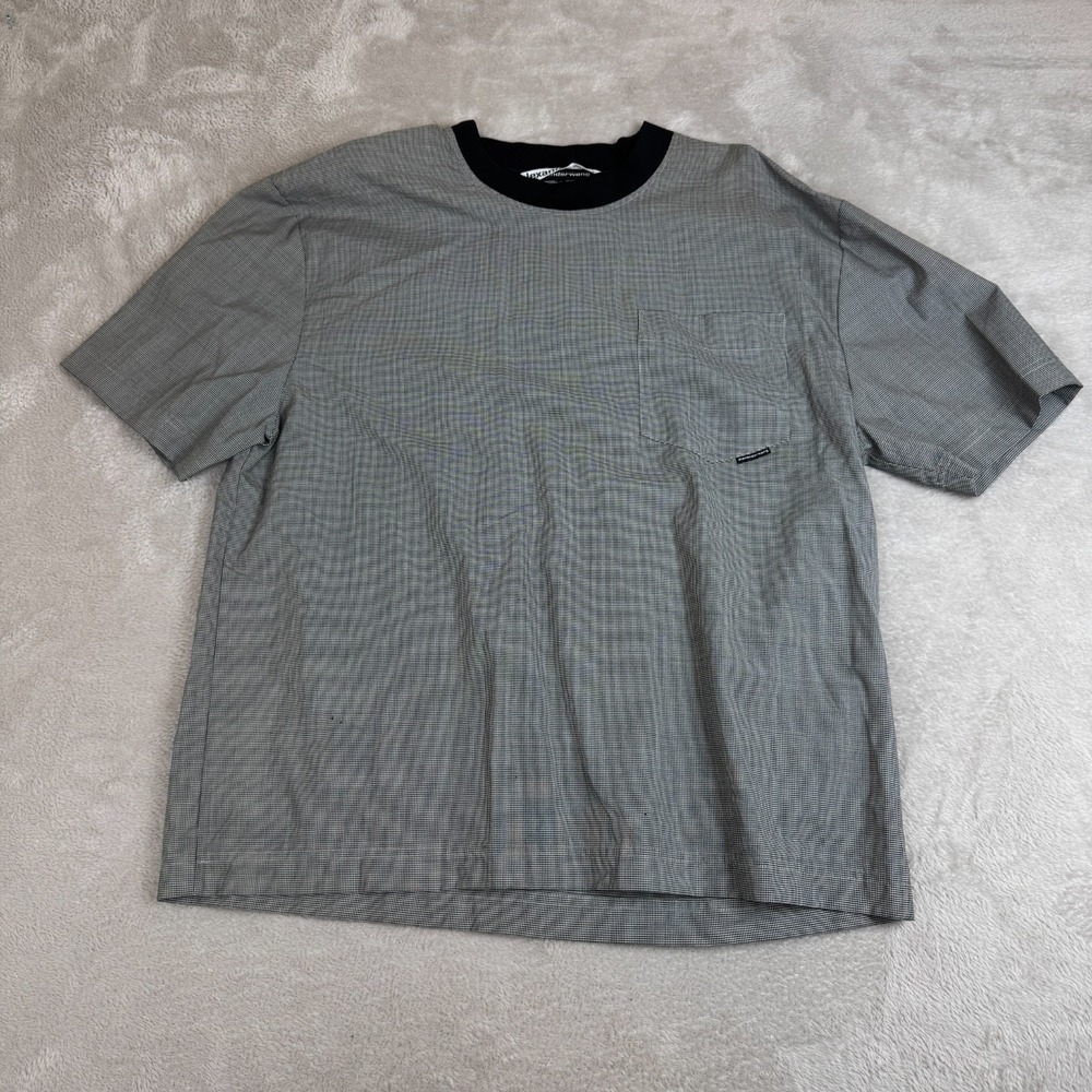 Alexander Wang Shirt Mens XL Black White Preowned Flaws Houndstooth Pocket Tee‎